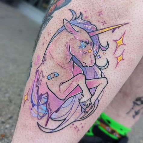 Rosie Cole on Instagram: "Pastel creepy cute unicorn friend 🦄 I love how these colors turned out, and I don't think the camera even captured how bright they were 💖 Thanks for letting me do my thing, Nate! . . . . . . . . #michigantattooartist #michigantattooers #pasteltattoo #colortattoo #unicorn #unicorntattoo #creepycute #pinktattoo" Pastel Tattoo Sleeve, Neopets Tattoos, Pastel Goth Tattoo Ideas, Pastel Goth Tattoo, Pastel Tattoos, My Little Pony Tattoo, Collarbone Tattoos, Pastel Tattoo, Unicorn Candy