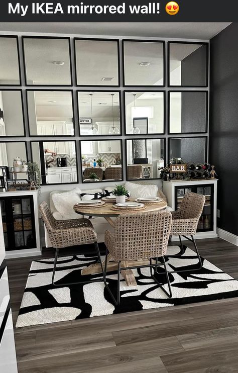 Dining Room Mirror Ideas Wall Decor, Ikea Wall Mirror, Mirror Wall Dining Room, Ikea Mirror Wall, Ikea Mirror Hack, Wall Facebook, Black Rugs, Mirror Hack, Ikea Mirror