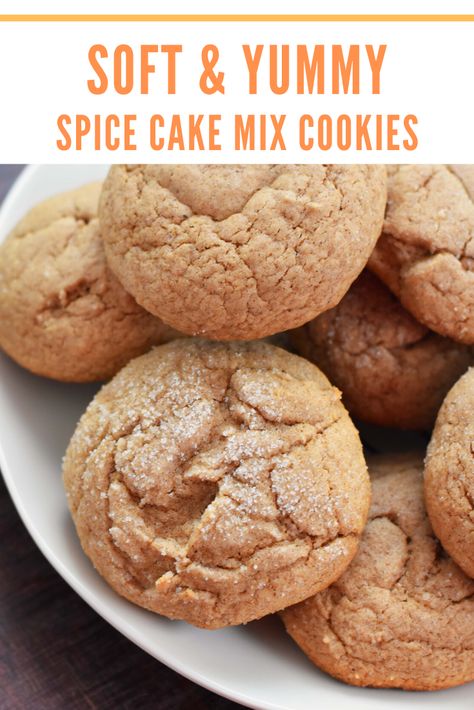 Easy & fluffy Spice Cake Mix Cookies Recipe. Make these cookies from a box of cake mix + other easy ingredients. Turn Cake Mix Into Cookies, All Spice Cookie Recipe, Cinnamon Cake Mix Cookies, Box Spice Cake Mix Cookies, Cookies From Spice Cake Mix Recipes, Apple Spice Cake Mix Cookies, What To Make With Box Spice Cake, Boxed Spice Cake Mix Ideas, Cookies Made From Spice Cake Mix Boxes