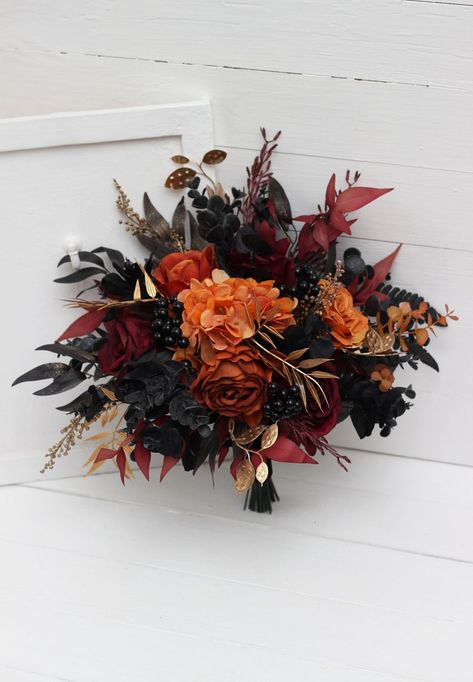 Burgundy Black Gold Rust Flowers Fall Bridal Bouquet Faux Bouquet Fall Wedding Halloween Wedding Silk Flowers Boho Wedding - Etsy UK Autumnal Gothic Wedding, Fall Theme Wedding Bouquet, Fall Themed Wedding Bouquets, Black And Orange Wedding Bouquets, Moody Fall Flowers, Black Red Bouquet, Goth Fall Wedding, Moody Bridesmaid Bouquet, Wedding Flowers Autumn