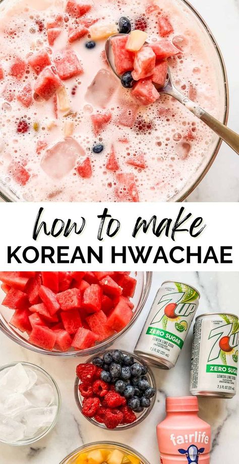 This viral Korean watermelon punch, called hwachae, is so fun to make and full of tasty ingredients! Korean Drinks Recipe, Watermelon Punch, Korean Drinks, Drinks Recipe, Korean Recipes, Fruit Punch, Delicious Drinks, Drinks Smoothies, Drink Me