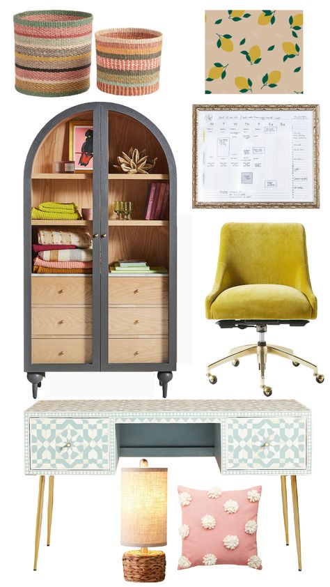 Friday Favorites- Home Office Ideas, Diffuser Display and more! - Nesting With Grace Small Bright Office, Dreamy Office Aesthetic, Wfh Office Aesthetic, Neutral Feminine Office, Anthro Inspired Office, Apartment Office Inspiration, Colorful Eclectic Office, Anthropologie Office Decor, Happy Home Office