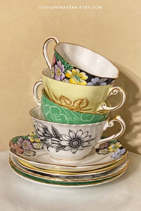 DishUponAStar Vintage Mismatched Tea Cup Stack. Brand New Tea Cups Coming Soon To My Shop! Stacked Tea Cups, Norwich Connecticut, Tea Party Supplies, Vintage Tea Cups, English Tea Cups, Mismatched China, Japanese Tea Cups, Wedding China, Vintage Tea Cup