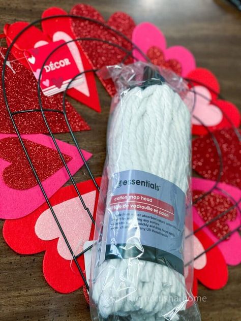 Diy Heart Shaped Wreath, Dollar Store Heart Wreath, Mop Head Wreath, Tie Wreath, Dollar Tree Mop Head Wreath, Valentine's Wreath Diy, Heart Shape Wreath, Yarn Heart Wreath, Heart Wreaths Diy