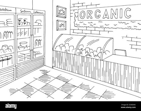 Download this stock vector: Grocery store organic shop interior black white graphic sketch illustration vector - 2C8GK6K from Alamy's library of millions of high resolution stock photos, illustrations and vectors. Store Illustration, Graphic Sketch, Story Drawing, Sketch Illustration, Environmental Graphics, Shop Interiors, Shop Interior, Ink Pen Drawings, Illustration Vector