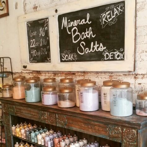 Bath salt, soap display at our soap boutique in historic Hot Springs, Arkansas Soap Shop Ideas, Bathbomb Display Retail, Spa Retail Display, Bath Salt Bar, Booth Display Ideas, Salt Bar, Săpunuri Handmade, Soap Display, Market Displays