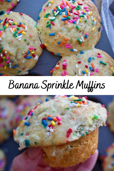 These banana sprinkle muffins are the perfect sweet treat! Made with bananas and cake mix! Sweet, fluffy and dense. Bursting with colorful sprinkles. Kids will love them…and adults! #muffins #muffinrecipes #cupcakerecipes #confetticakemix #cakemixrecipes #rainbowsprinkles #recipeswithsprinkles Sprinkle Muffins, Funfetti Muffins, Healthy Banana Muffins, Wakey Wakey, Sprinkle Cupcakes, Banana Bread Muffins, Birthday Breakfast, Sprinkle Baby Shower, Muffin Mix