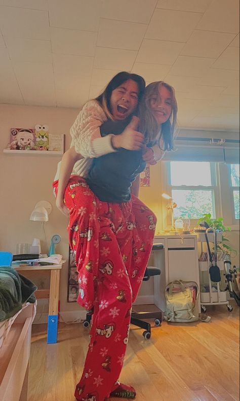 two girls pose for a photo Lesbian Matching Christmas Pajamas, Christmas Pjs Aesthetic Matching, Wlw Christmas Pfp, Bsf Matching Pjs, Lesbian Matching Pjs, Xmas Pjs Matching, Wlw Winter Aesthetic, Best Friend Matching Christmas Pjs, Wlw Christmas Aesthetic