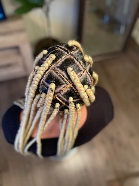 Platinum blond braids. Long box braids. Braids with cornrows in between. Yellow box braids. Triangle box braids. Neatest braids. Mixed girls braids. Box Braids With Cornrows, Braids With Cornrows, African Hair Braiding Styles, Blonde Braids, Long Box Braids, Braided Cornrow Hairstyles, Cornrow Hairstyles, African Braids Hairstyles, African Hairstyles