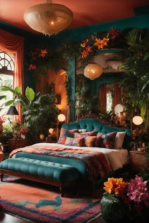 Step into a dream with this Bohemian Paradise Bedroom that exudes warmth and eclecticism. The walls, swathed in a sultry burnt orange, set the stage for the opulent teal bed, dressed in sumptuous patterned textiles. The symphony of hanging lanterns and botanical accents elevate the space into a verdant sanctuary. Intricate mirrors, layered rugs, and plush cushions conjure an atmosphere of comfort and whimsy. This luxurious retreat is a harmonious blend of vibrant hues, and rich textures Teal Bed, Burnt Orange Bedroom, Simple Bed Designs, Teal Living Rooms, Teal Bedroom, Bohemian Living Rooms, Bedroom Orange, Tropical Wall Art, Bohemian Living Room