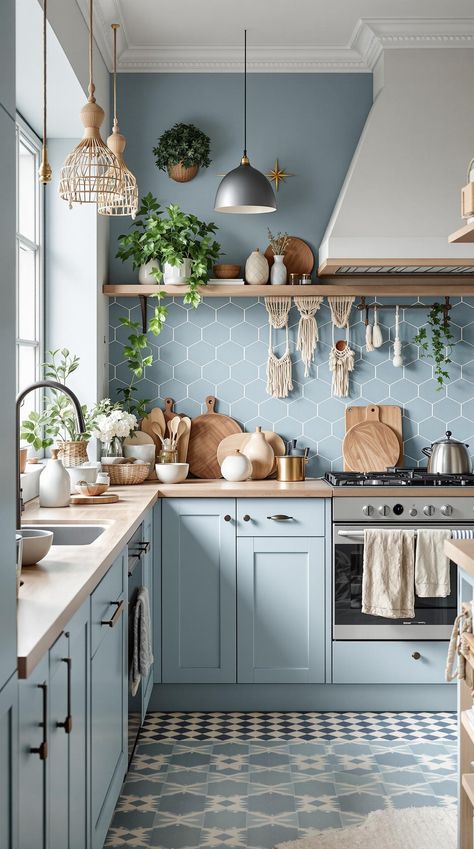 Scandi Boho Kitchen Small Bright Kitchen, Scandi Kitchen Design, Scandi Boho Kitchen, Relaxed Kitchen, Hygge Kitchen, Blue Apartment, Herbal Kitchen, Cozy Kitchen Nook, Boho Chic Kitchen