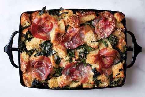 Use regular broccoli instead of broccoli rabe for a more kidfriendly version. Corn Gratin, Scalloped Squash, Spinach Strata Recipe, Spinach Strata, Pancetta Recipes, Savory Bread Puddings, Parmesan Bread, Italian Meats, Broccoli Rabe