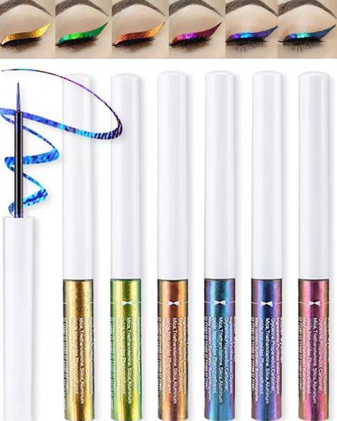 PRICES MAY VARY. COLORED CHAMELEON GLITTER EYELINER LIQUID - LYSdefeu chameleon eyeliner liquid is designed for multi-colored eye makeup, to create a multitude of shining eyeliner looks. it's change to 2-3 glitter colors when viewed from different angles. There are 6 styles to choose, choose which you like, and make you be the attention-catcher in each event HIGH QUALITY & CRUELTY FREE GLITTER EYELINER LIQUID - This chameleon eyeliner is made from high quality, cruelty-free raw materials and has Metallic Eyeliner, Eye Shadow Stick, Eyeliner Liquid, Chameleon Color, Valentines Day Makeup, Liquid Makeup, Blue Green Gold, Glitter Eyeliner, Shadow Sticks