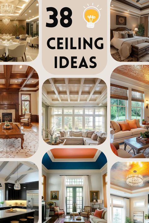 A collage featuring various ceiling designs, including a modern dining area with a chandelier, a luxurious bedroom with decorative ceiling details, a cozy living room with large windows and a coffered ceiling, and a stylish sitting area with orange accent pillows. The central text reads "38 Ceiling Ideas" with a light bulb graphic, indicating creativity in ceiling design. Ceiling Types Interiors, Type Of Ceiling Design, Coffered Ceiling Lighting Ideas, Ceiling Styles, Decorate Ceiling, Inverted Tray Ceiling, Wood In Tray Ceiling, Painting A Tray Ceiling, Coffered Ceiling Ideas