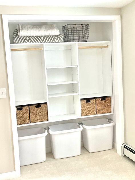 Closet Shelf Build, Quick Closet Solutions, Kids Closet Storage Toys, Closet Organization With Shoe Storage, Storage Closet Design Layout, Nursery Closet Toy Storage, Closet Storage For Nursery, 4 Ft Closet Organization, Toy Storage In Closet Kid Bedrooms