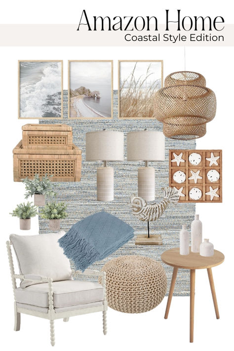 Amazon home finds, budget friendly decor featuring neutral and coastal accents and style Cool Coastal Decor, Coastal Boho Style, Calm Coastal Decor, Beach House Decor On A Budget, Coastal Zen Decor, Vacation Condo Decor, Coastal Decor On A Budget, Coastal Style Office, Upscale Coastal Decor