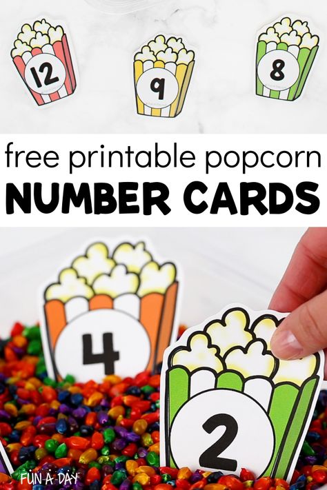 Free Printable Popcorn Number Cards Circus Theme Math Activities Preschool, Popcorn Activity For Preschool, Carnival Theme Math Activities, Circus Math Activities, Circus Math Activities For Preschool, Popcorn Activities, Circus Theme Preschool Activities, Rainbow Corn, Circus Activities