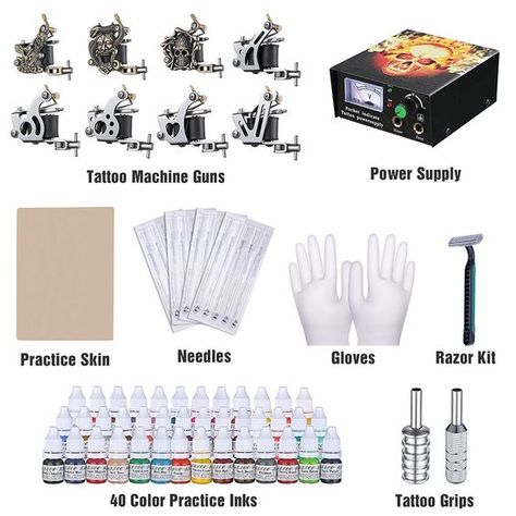 TheLAShop 8 Machines Tattoo Kit Power Supply 40 Inks#tattoo #tattoocare #tattoosupplier Pomegranate Tattoo, 8 Tattoo, Professional Tattoo Kits, Complete Tattoo, Tattoo Process, Neck Tattoos Women, Tattoo Machines, Red Ink Tattoos, Tattoo Care