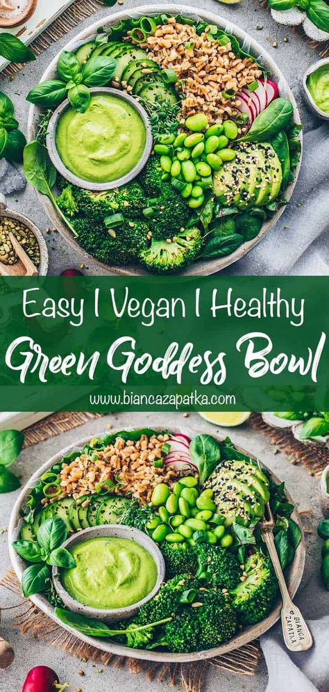 Goddess Bowls, Green Goddess Bowl, Goddess Bowl, Veggie Bowl Recipe, Buddha Bowls Recipe, Vegan Buddha Bowl, Healthy Bowls Recipes, Healthy Bowls, Vegan Bowls