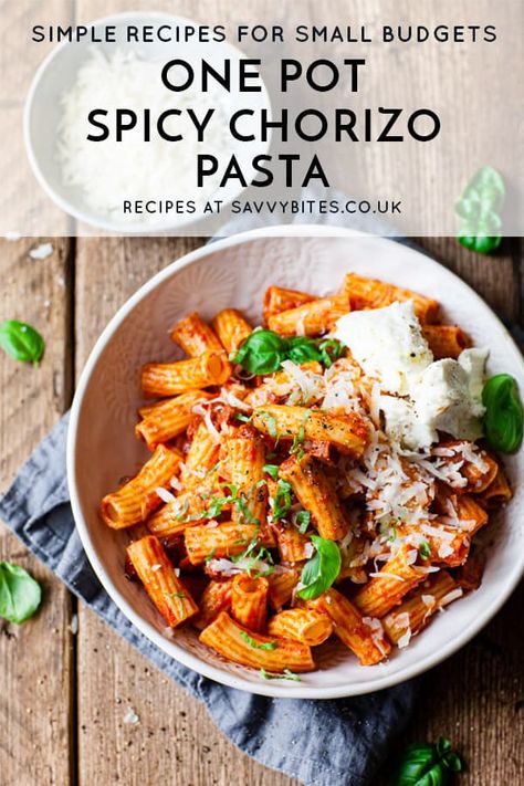 This easy one-pot chorizo pasta is the best 7 ingredient dinner you'll ever make. It's full of spicy chorizo, rich tomato passata and it all gets from your bowl to your face on the ridges of a perfectly al dente rigatoni noodle. The huge bonus is that all your ingredients are available from Aldi UK in a one-stop-shop. You, dinner, extra cheese only 30 minutes away! Make it creamy, bake it up, I give you all the options in the recipe! #pasta #easydinner #aldirecipes Chorizo Recipes Dinner, Chorizo Pasta Recipes, Tomato Passata, Chorizo Pasta, Aldi Recipes, Spicy Pasta, Frijoles Refritos, Chorizo Recipes, One Pot Pasta