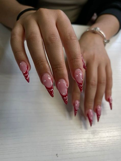 Sharp Valentines Nails, Red Valentines Day Nails Stiletto, Valentine Nails Stilleto, Stiletto Vday Nails, Pointy Valentine Nails, Stiletto Valentine Nails, Stilleto Nails Valentine, Red French Valentine Nails, Valentine Stilleto Nails Designs