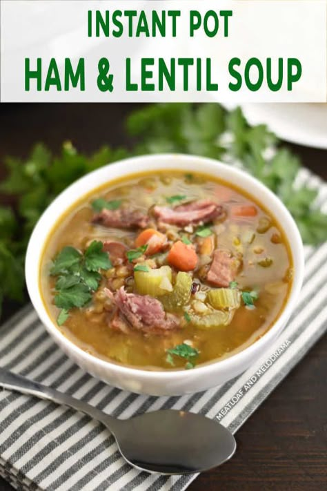 Instant Pot Ham and Lentil Soup bowl Leftover Ham Recipes Casseroles, Leftover Ham Bone, Ham And Lentil Soup, Instant Pot Ham, Ham Soup Recipes, Ham Bone Soup, Leftover Ham Recipes, Holiday Ham, Ham Bone