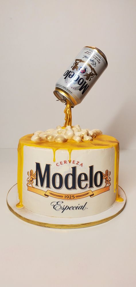 Gravity defying cake Modelo Cake Ideas, Modelo Birthday Cake, Beer Cake Design, Modelo Birthday Party Ideas, Beer Cakes For Men Birthday, Casamigos Cake, Modelo Beer Birthday Party Ideas, Beer Birthday Cake For Men, Modelo Cake