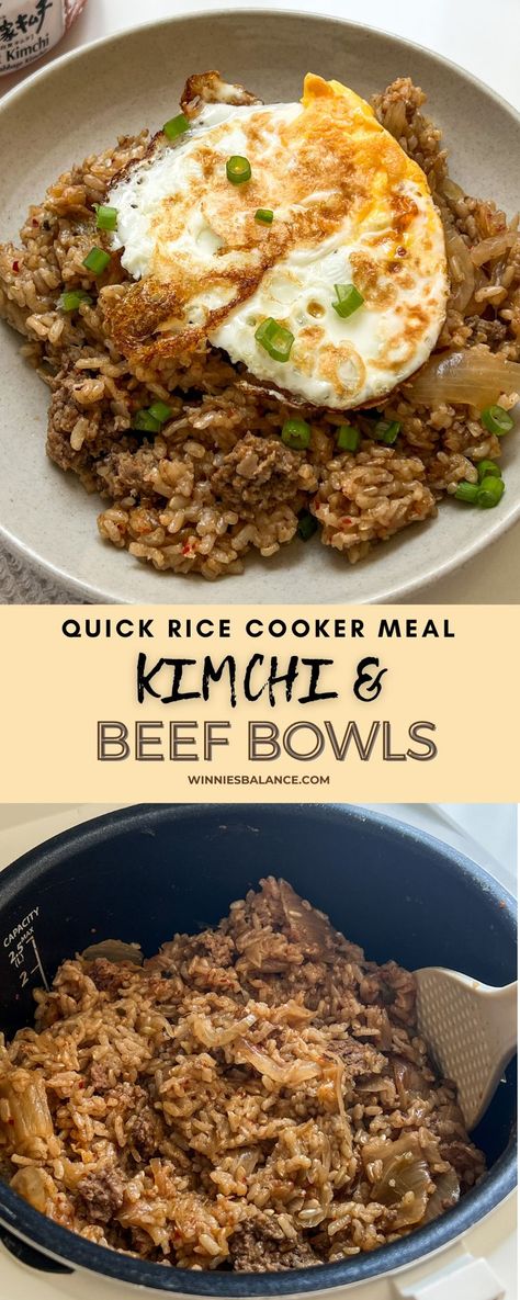 Rice Cooker Kimchi and Beef Rice with Egg Asian Rice In Rice Cooker, Korean Rice Cooker Recipes, Korean Rice Cooker, Rice With Egg, Quick Rice, Garlic Chicken Pasta, Asian Rice, Beef Rice, Rice Cooker Recipes