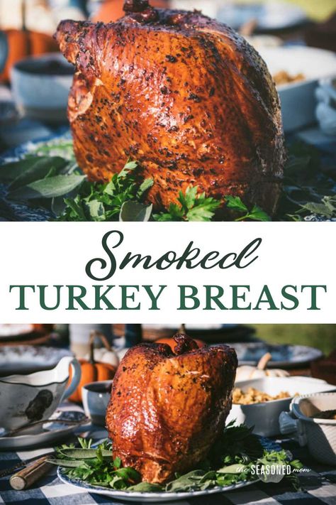 Moist, juicy and full of flavor, this whole, bone-in smoked turkey breast is the perfect addition to your Thanksgiving dinner, or an easy Sunday supper at any time of year. These step-by-step instructions yield the best turkey breast recipe without any stress or fuss (no brine necessary!). Serve the tender meat alongside your favorite sides like stuffing, green bean casserole, roasted root vegetables, mashed potatoes and corn casserole for a delicious harvest feast! Pit Boss Smoked Turkey, Best Turkey Breast Recipe, Smoked Turkey Breast Recipe, The Best Turkey, Bbq Turkey, Smoked Turkey Breast, Frozen Turkey, Turkey Breast Recipe, Whole Turkey