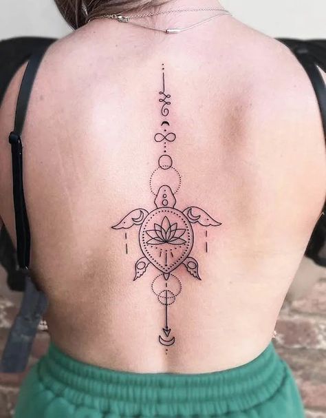 Turtle Arrow Tattoo, Turtle Back Tattoo Women, Spine Tattoos For Women Turtle, Beautiful Turtle Tattoos, Turtle Spine Tattoos For Women, Sea Turtle Sunflower Tattoo, Turtle Lotus Tattoo, Mother Son Turtle Tattoo, Feminine Turtle Tattoos