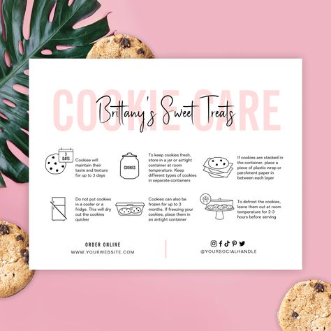 This cookies care guide pink aesthetic bakery thank you card is the perfect way to show your appreciation to your customers! This card features a thank you message, as well as a guide on how to care for your cookies. This card is customized, so you can add your own message, logo, or design. Aesthetic Bakery, Elegant Cookies, Message Logo, Bakery Business Cards, Watercolor Business Cards, Cookie Boxes, Cookie Business, Cake Packaging, Baking Business