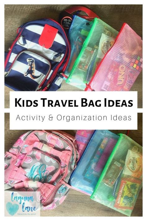 Keep your kids occupied and having fun while you travel!  Get organization and activity ideas with these kid travel bag ideas, and make travel easy! Travel Bag Ideas, Kids Travel Bags, Kids Travel Activities, Airplane Activities, Activity Bags, Road Trip Activities, Flying With Kids, Fun Organization, Mini Mochila