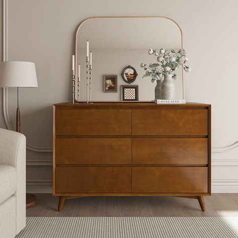 Raffaele Mid-century 6-Drawer Dresser with Solid Wood Legs by HULALA HOME - Bed Bath & Beyond - 40865366 Midcentury Modern Dresser, Mid Century Bedroom Furniture, Mcm Dresser, Rental Home Decor, Mid Century Bedroom, Mid Century Dresser, Mid Century Modern Dresser, Dresser Sets, Modern Dresser