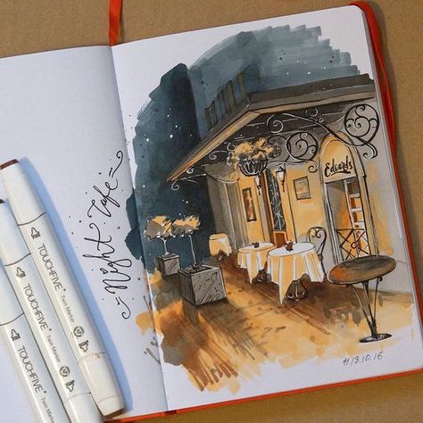 street scene Cafe Illustration, Copic Marker Art, Copic Art, 수채화 그림, Arte Inspo, Arte Sketchbook, Sketchbook Inspiration, Marker Art, Manga Drawing