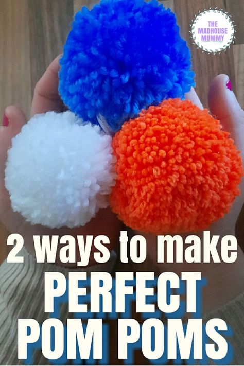 Our favourite Two methods for how to make pom poms. Includes a guide on how to use a pom pom makers and how to make a pom pom for free. Diy pom pom craft. How To Make Pop Poms With Yarn, Chunky Yarn Pom Pom Diy, Diy Pom Poms Yarn, Giant Pom Pom Diy, How To Make Pom Poms, How To Make Pom Poms With Yarn, Pom Pom Crafts For Adults, Diy Pompoms, Make Pom Poms