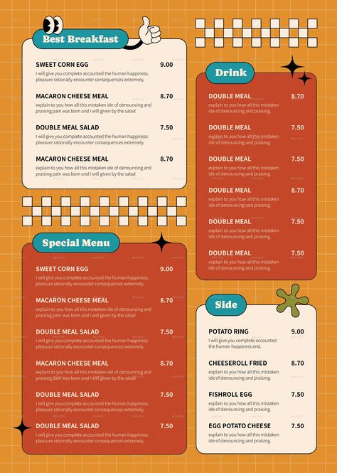 Food Menu Retro Groovy Y2k Menu Design, Menu Poster Design, Cafe Content, Menu Design Layout, Smoothie Menu, Menu Poster, Cafe Menu Design, Menu Layout, Menu Food