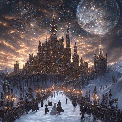 Fantasy Ice Mountain, Winter City Fantasy Art, Winter Castle Interior, Winter Kingdom Fantasy Art, Winter Castle Fantasy Art, Winter Castle Aesthetic, Fantasy Ice Castle, Winter Fantasy Art, Covered Pathway