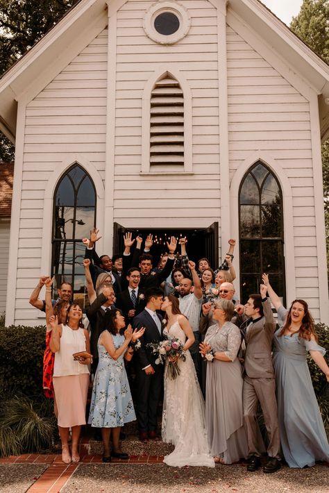 Staged Wedding Photos, Small Church Wedding Dress, Small Chapel Wedding Photography, Small Family Wedding Photos, Little Church Wedding, Small Wedding Pictures, Little White Church Wedding, Church Steps Wedding Photo, Chapel Wedding Photography