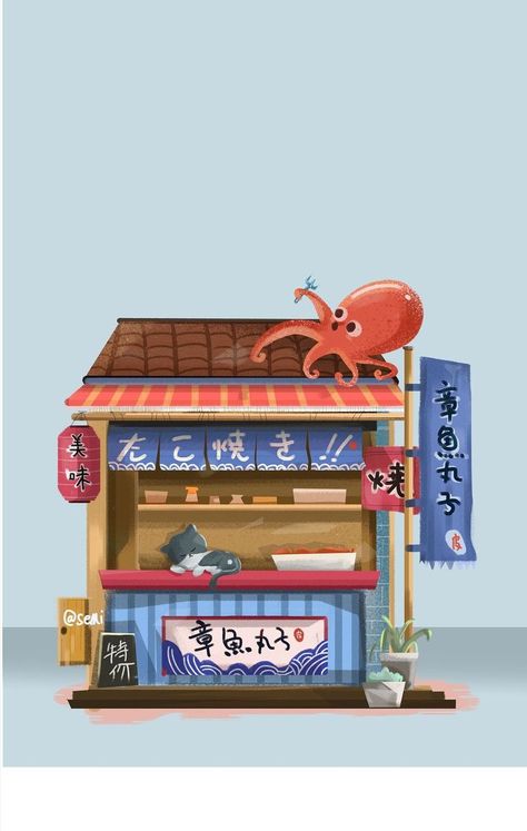 Japanese Kiosk Design, Yatai Japan Design, Ramen Shop Illustration, Japanese Kiosk, Japanese Food Stall, Street Food Design, Food Stall Design, Japanese Paper Lanterns, Japanese Street Food