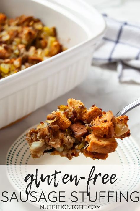 Gluten-Free Stuffing Recipe with Sausage - Nutrition to Fit Stuffing Recipe With Sausage, Thanksgiving Gluten Free, Gluten Free Stuffing Thanksgiving, Gluten Free Stuffing Recipes, Recipe With Sausage, Sausage Stuffing Recipe, Gluten Free Sausage, Gluten Free Stuffing, Simple Healthy Recipes