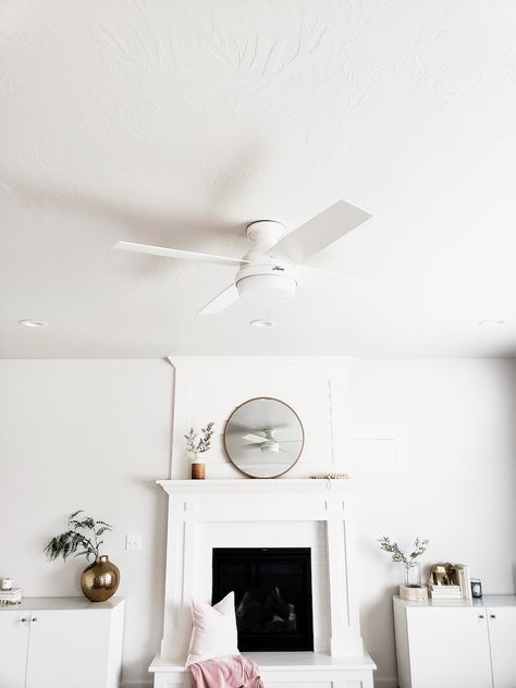 #whitelanedecor @whitelanedecor #ad Low profile Hunter Dempsey fan, round brass mirror, shiplap fireplace, subway tile fireplace, Ikea Besta Hack, Ikea Besta on each side of fireplace, Ikea Besta with acrylic knobs, white ceiling fan, fireplace with hearth Subway Tile Fireplace, Cover Fireplace, Besta Hack, Fake Fireplace, Wood Stove Fireplace, Fireplace Cover, Wooden Fireplace, Gas Fireplaces, Shiplap Fireplace