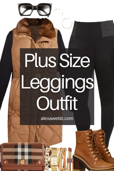 Plus Size Leggings & Camel Vest Outfit Idea by Alexa Webb with a plus size quilted vest, ponte leggings, and hiker booties from Tory Burch. Camel Vest Outfit, Plus Size Winter Outfit, Plus Size Legging Outfits, Alexa Webb, Plus Size Winter Outfits, Plus Size Fall Outfit, Vest Outfit, Winter Fashion Outfits Casual, Plus Size Fall