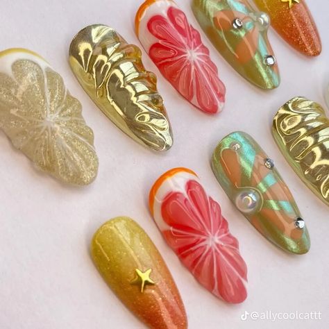 Orange Slice Nails, Grapefruit Nails, Fur Nails, Lemon Nails, Summery Nails, Really Cute Nails, Press Ons, Nail Jewelry, Dream Nails