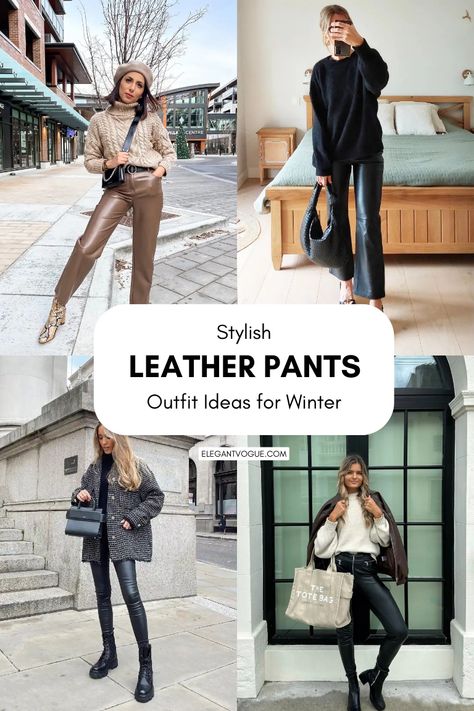 Leather Pants Outfit Ideas Faux Leather Pants Outfit With Boots, Leather Pants With Cardigan Outfit, Melina Leather Pants Outfit, Leather Pants Night Out, Leather Pant Holiday Outfit, Casual Leather Pants Outfit Winter, How To Dress Up Leather Pants, Tan Leather Pants Outfit Winter, Casual Black Leather Pants Outfit