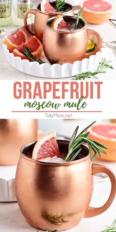 This GRAPEFRUIT MOSCOW MULE is just the right balance of spicy freshness that is the ginger beer and fresh grapefruit combo. Making this cocktail wonderfully refreshing. Perfect for sipping on the deck with friends, at a bridal shower or holiday gathering. PRINTABLE RECIPE at TidyMom.net Grapefruit Mule, Grapefruit Vodka, Moscow Mule Cocktail, Moscow Mules, Moscow Mule Recipe, Spicy Cocktail, Mule Cocktail, Mule Recipe, Spring Cocktails