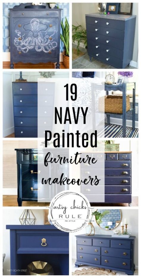 Blue Painted Dresser Ideas, Diy Furniture Makeover Ideas Paint, Navy Blue Sideboard, Refinished Bedroom Furniture Ideas, Paint Colors For Furniture Projects, Rehab Furniture Ideas, Blue Paint For Furniture, Painted Office Furniture, Colored Dressers