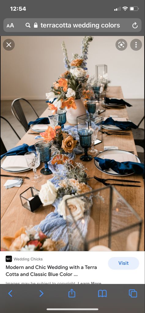 Terracotta And Navy Wedding, Orange Wedding Centerpieces, Navy Blue Wedding Theme, Orange Wedding Themes, Blue Wedding Centerpieces, Casino Wedding, Rusting Wedding, Burnt Orange Weddings, Orange Table