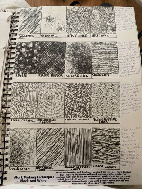 Art Gcse Mark Making, Mark Making A Level Art, Gcse Art Sketchbook Textures, Gcse Art Mark Making Page, Art Gcse Texture Page, Elements Of Art Sketchbook Page, Gcse Art Drawing Ideas, Backgrounds Gcse Art, Gcse Art Sketchbook Experimentation