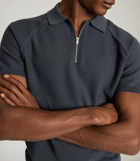 The Columbus polo shirt in anthracite presents a classic take on the sportswear-inspired silhouette. It’s crafted using pure cotton and finished with tonal panelling and seam detailing. Style it with denim and trainers for a cool off-duty look.    * Knitted construction   * Seam detailing   * Zip neckline   * Short sleeves  * Regular fit Mens Inspo, F Men, Outdoorsy Style, Trendy Shirt Designs, Zip Polo, Slim Fit Polo Shirts, Slim Fit Polo, Crew Clothing, Polo T Shirts