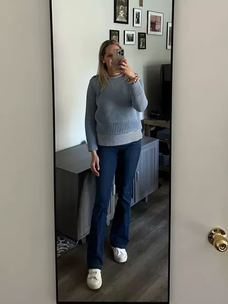 What I wore this week - spanx flare denim, vineyard vines boatneck seersucker navy T-shirt, lake pajamas cornflower blue sweater, veja Velcro sneakers 

#LTKSpringSale #LTKSeasonal #LTKstyletip Veja Velcro Sneakers, Veja Velcro, Lake Pajamas, Velcro Sneakers, Ootd Outfits, Blue Sweater, Denim Flares, Cornflower Blue, What I Wore